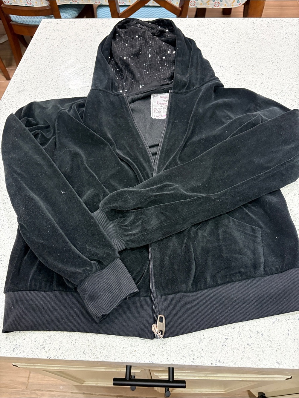 Girls Black Hooded Velour Zip-Up Jacket with Sequin Lined Hood